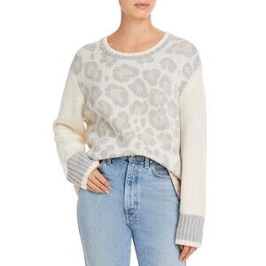 NEW Splendid Womens Large Wool & Cashmere Cream Gray Colorblock Leopard Sweater